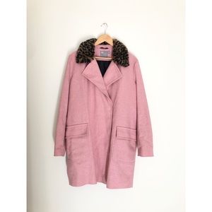Pink Wool-Blend Coat with Leopard Faux-Fur Collar